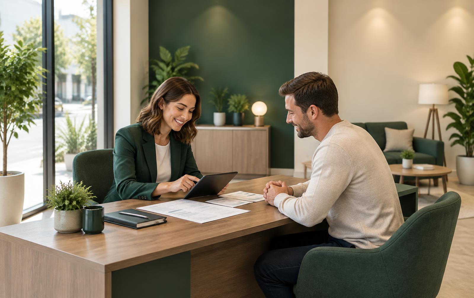 Asesora de un Centro de Ahorro AURAA Servicios revisando facturas con un cliente